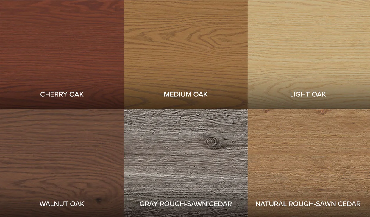IMPRESSIONS® color swatches cherry oak, medium oak, light oak, walnut oak, gray rough-sawn cedar, natural rough-sawn cedar